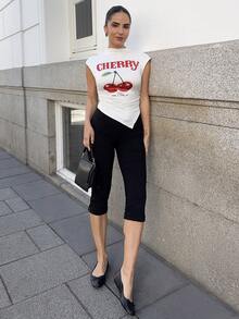Marta Soriano Women's Casual Asymmetric Cherry Graphic T-Shirt, Suitable For Summer,Summer Outfits For Women,Graphic Tees Women,Gyaru,Sexy Suitable For Going Out - White - View 1