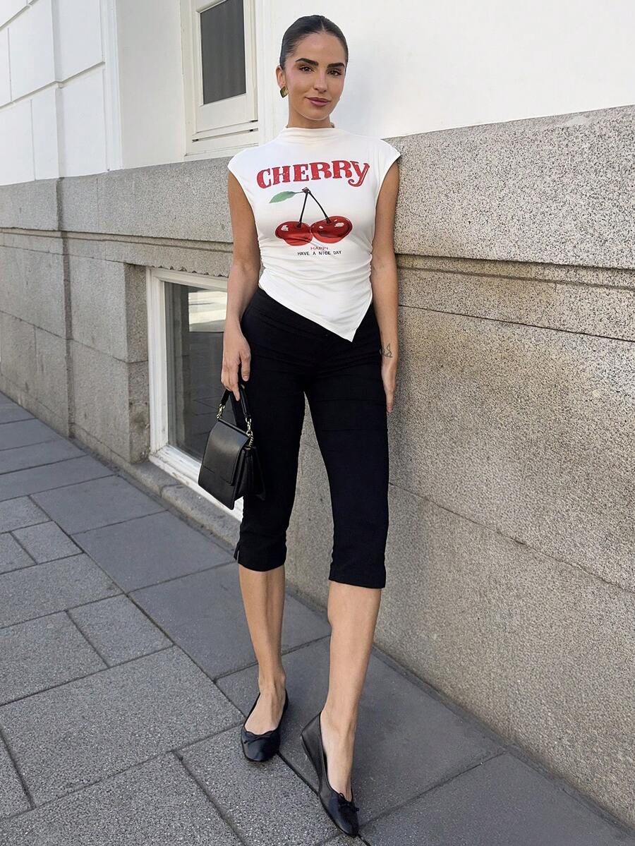 Marta Soriano Women's Casual Asymmetric Cherry Graphic T-Shirt, Suitable For Summer,Summer Outfits For Women,Graphic Tees Women,Gyaru,Sexy Suitable For Going Out - White - View 1