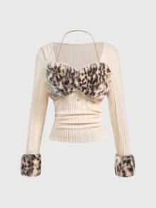 ROMWE J-Fashion Plus Size Y2K Harajuku Leopard Print Frayed Zip-Up Fitted Crop Top For Women - Coffee Brown - View 6