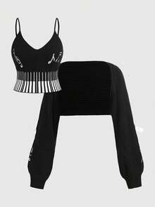 ROMWE Kawaii Conjunto de camiseta y cárdigan de punto con estampado de teclas de piano y notas musicales, talla grande, estilo retro Y2K - Negro - Ver 1