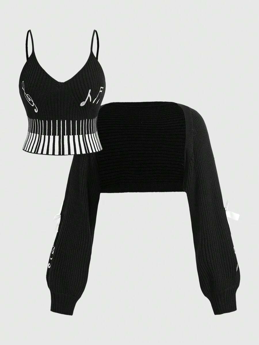 ROMWE Kawaii Conjunto de camiseta y cárdigan de punto con estampado de teclas de piano y notas musicales, talla grande, estilo retro Y2K - Negro - Ver 1