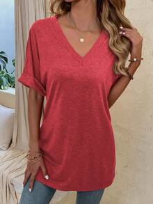 EMERY ROSE Camiseta de verano de unicolor, cuello en V, manga corta, casual, holgada, transpirable y cómoda - Rojo - Ver 3