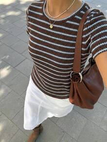 Serisse Women's Striped Crew Neck Short Sleeve Casual Versatile T-Shirt,Vintage Brown And Blue Striped Knit T-Shirt For Women, Summer New Slim Fit Short Sleeve Top, Versatile Commuting Casual Wear,Brown Top ,Casual Blouses For Women,Summer Tops - Multicolor - View 3