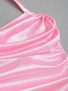 Sweetra Đầm ngắn nữ màu hồng kiểu Pháp lãng mạn, chất liệu satin, cổ chữ V, viền ren, dây mảnh, thích hợp cho mùa xuân/hè. - Hồng - Xem 6