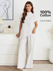 Easowa 100%纯棉杏色宽松女士两件套，立领蝙蝠袖短袖不对称下摆衬衫搭配长裤，保守时尚套装，适合办公室、通勤和日常休闲穿着，春夏款。 - 白色 - 查看 4