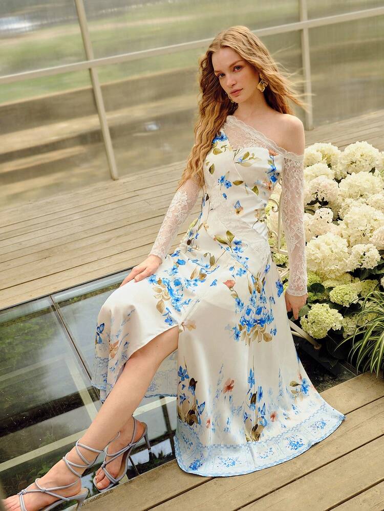 WOMEN'S ROMANTIC ELEGANT CONTRAST LACE FLORAL PRINTED LONG DRESS, SPRING/SUMMER