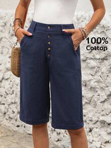 SHEIN LUNE Women's Chic Elegant Navy Blue 100 Percent Cotton Slant Pocket Bermuda Shorts, Summer Vacation Casual Solid Color Half Pants Daily Wear - Blue - View 9