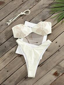 Oceva 女士夏季柔和米色优雅3D针织花卉海星装饰挂脖比基尼套装，性感海滩度假写真泳装 - 米色 - 查看 3