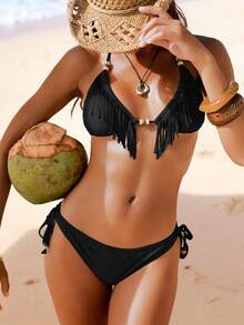 Swim Vcay 女士夏季度假休闲沙滩装纯色两件式比基尼套装，带串珠挂脖系带 - 黑色 - 查看 6