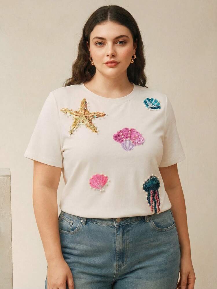 Plus Size Women Summer Vacation White Ocean Sequin Embroidery T-Shirt