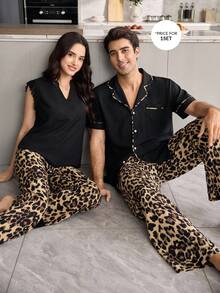 CoupledUp Men's Collared Solid Color Short Sleeve Top And Leopard Print Pajama Pants Set - Multicolor - View 4