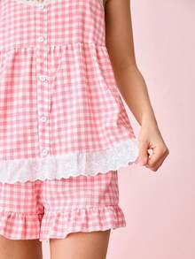 Bonmuse Bộ đồ ngủ 2 mảnh họa tiết kẻ caro và quần short cho nữ - Nhiều màu - Xem 8