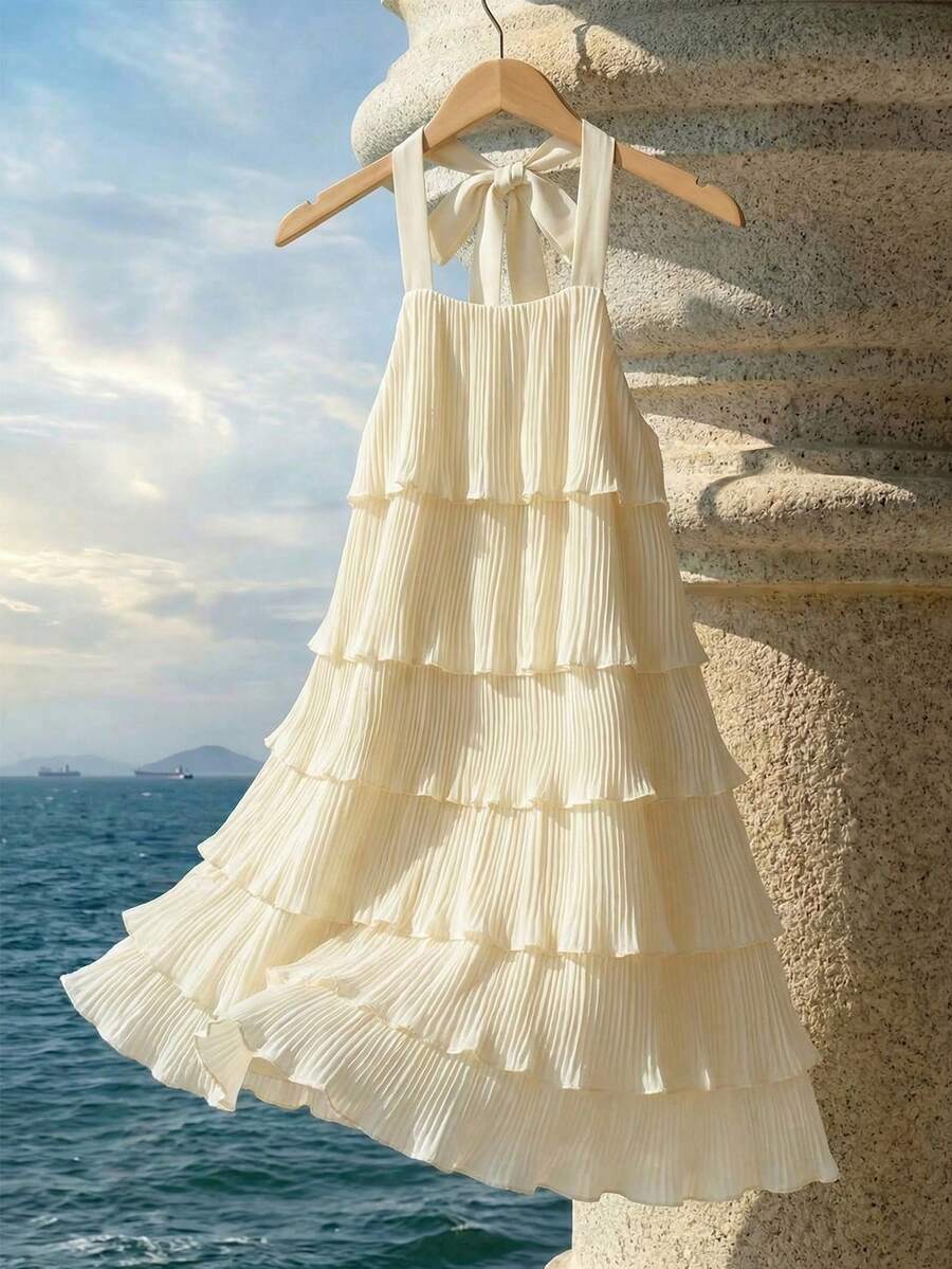 Trelyra Women's Elegant Romantic Chiffon Pleated A-Line Spaghetti Strap Tie Waist Short Dress, Suitable For Spring/Summer Outings And Dates - Apricot - View 1