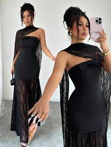 Elenzga Elegant Women's Black Lace Overlay Strapless A-Line Midi Dress,Autumn Urban Chic New Arrival For Dinner,Weddings,Galas,Commute,Parties & Holidays - Black - View 2