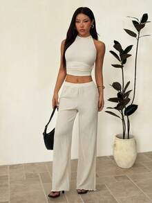 SHEIN PETITE Conjunto de top halter y pantalones para mujer de verano - Albaricoque - Ver 5