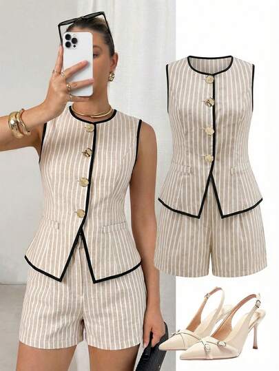 Ellevyn 2pcs Women's Striped Set, Elegant For Commuting, Fashionable And Comfortable To Wear