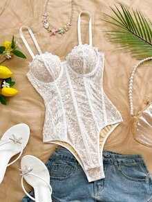 Soleia Áo corset họa tiết da báo viền ren, áo hai dây gợi cảm, thích hợp cho kỳ nghỉ, tiệc tùng, hẹn hò, ngày Valentine, tiệc trà chiều. - trắng - Xem 1