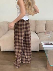SHEIN Tall CURVE Calça Pantalona Xadrez Plus Size Feminina Alta, Cintura com Cordão, Rosa e Cinza, Outono, Casual Elegante, Uso Diário, Volta às Aulas, Férias Elegantes - Castanho - Visão 5