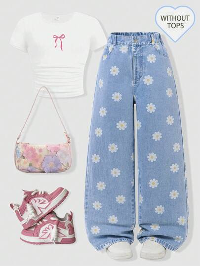 Genkimix Kids Tween Girls Denim Jeans All Season Cute Casual Style Light Blue Denim Color Daisy Full Print Elastic Waistband Vintage Washed Process Loose Wide Leg Comfortable Cotton Denim Daily Versatile T Shirt Matching School Travel Spring Summer Outdoor Kids Clothing