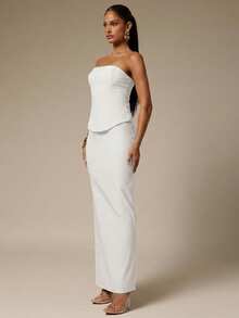 Silquee Women's Solid Color Minimalist Daily Wear Bandeau Top And Skirt 2-Piece Set - White - View 3