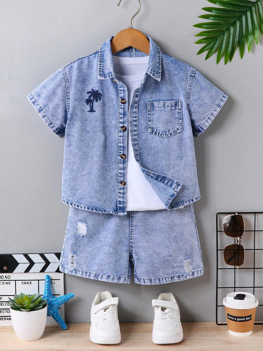 SHEIN Genkimix Kids Young Boys Denim Set Summer New Arrival Casual Style Vintage Washed Denim Summer Vacation Palm Tree Embroidery Distressed Ripped Washed Process Loose Fit Squishy Soft Fabric Daily Versatile Summer Outfits For Kids Daily Wear School Party Vacation