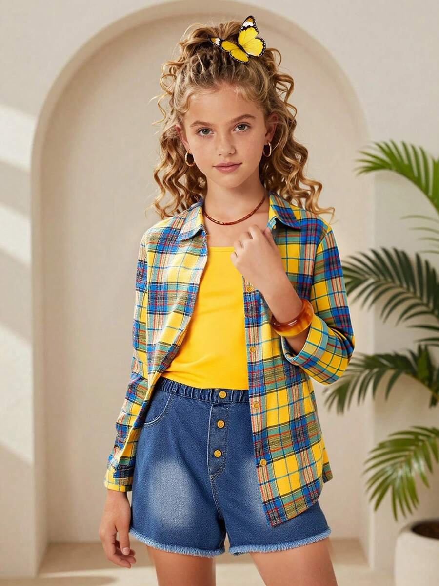 Vintaside Kids Bộ 3 món cho bé gái tuổi teen: Áo sơ mi kẻ caro, quần yếm, quần short denim, áo hai dây và áo khoác cardigan. - Màu vàng - Xem 1