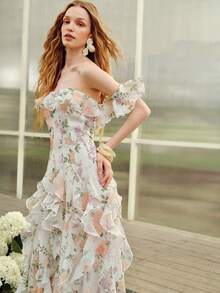 MOTF Soiréza ELEGANT WOMEN'S OFF-SHOULDER MAXI PARTY GOWN IN WHITE BASE WITH SOFT PURPLE, ORANGE & PINK RANDOM FLORAL PATTERNS ACCENTED BY GREEN FOLIAGE - White - View 15