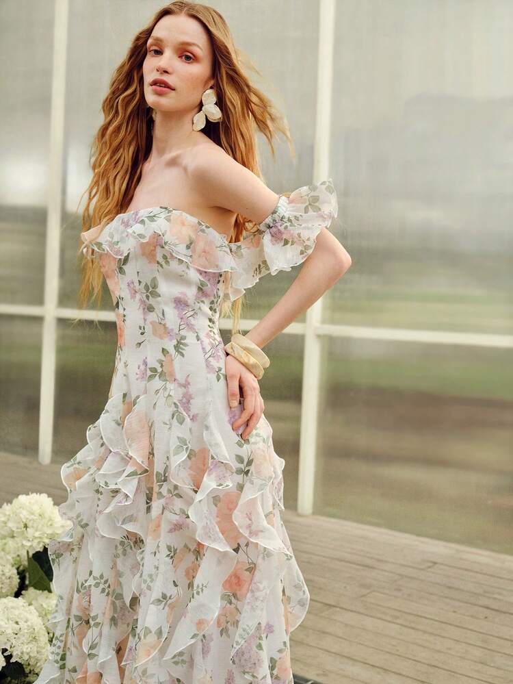 MOTF Soiréza ELEGANT WOMEN'S OFF-SHOULDER MAXI PARTY GOWN IN WHITE BASE WITH SOFT PURPLE, ORANGE & PINK RANDOM FLORAL PATTERNS ACCENTED BY GREEN FOLIAGE, RUFFLE TRIM DRESS FOR ROMANTIC DIMENSION, PERFECT FOR SPRING WEDDINGS, GARDEN PARTIES, PROM NIGHTS, EVENING GALAS, OUTDOOR WOODLAND EVENTS, BIRTHDAY BASHES & FORMAL DINNERS