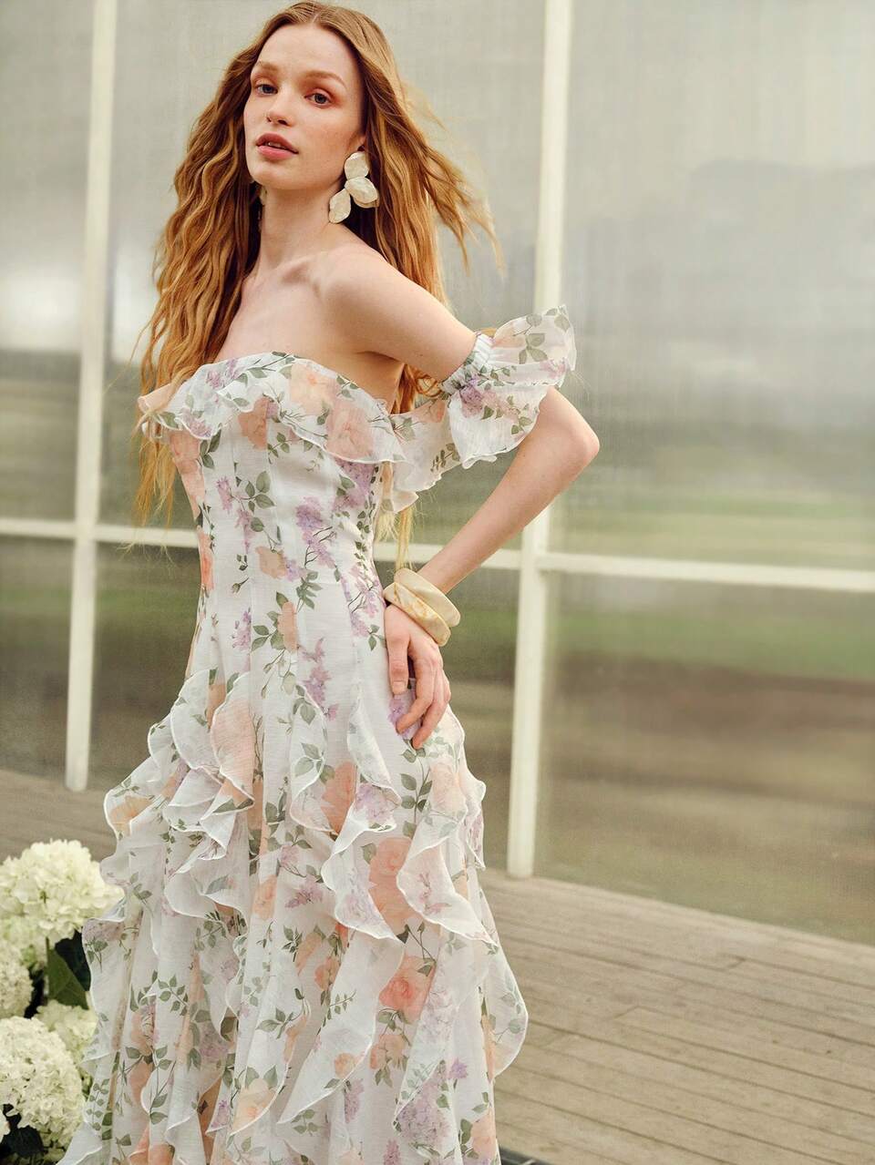MOTF Soiréza ELEGANT WOMEN'S OFF-SHOULDER MAXI PARTY GOWN IN WHITE BASE WITH SOFT PURPLE, ORANGE & PINK RANDOM FLORAL PATTERNS ACCENTED BY GREEN FOLIAGE