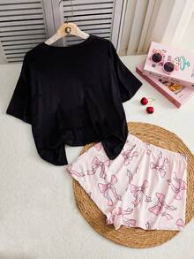 Teen Girl Sweet Casual White English Text & Pink Bow Print Top And Shorts Pajama Set - Multicolor - View 2