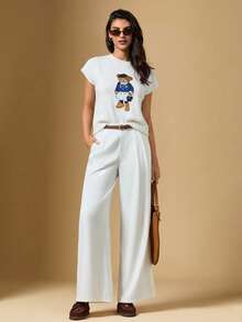 Briarwyn Áo thun nữ cổ tròn họa tiết hoạt hình, kiểu dáng thường ngày, đa năng, thích hợp mặc hàng ngày. - trắng - Xem 7