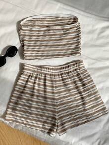 Comfortcana Women's Summer Vacation Striped Cropped Bandeau Top And Shorts 2 Pieces Set - Khaki - View 2