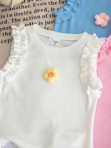 Emery Rose Kids 3pcs Young Girl Knitted Solid Color 3D Floral Ruffle Trim Casual Vest Set - Multicolor - View 9