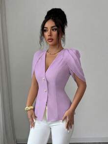 SHEIN Elenzya 女士优雅浪漫修身西装外套，V领设计，褶裥收腰 - 淡紫色 - 查看 3