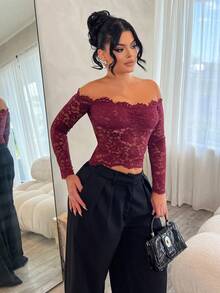 Dayanna Comas 女士蕾丝性感透视镂空露肩长袖上衣，酒红色，适合圣诞节、万圣节、亡灵节、秋冬分层穿着 - 酒紅色 - 查看 5