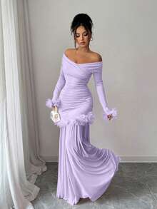 Elenzga New Arrival Spring/Autumn Elegant Romantic Solid Color Ruffle Decor Cross V-Neck Long Sleeve Pleated Fitted Mesh Patchwork Bodycon Dress For Women - Mauve Purple - View 6