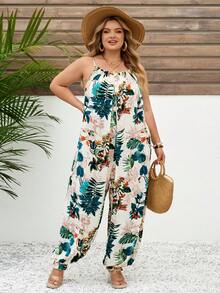 SHEIN CURVE+ Áo liền quần nữ mùa hè kiểu dáng rộng rãi, in họa tiết cây nhiệt đới, áo hai dây, áo liền quần kiểu Hawaii, áo liền quần mùa hè dáng rộng, áo liền quần kiểu Hawaii - Nhiều màu - Xem 8