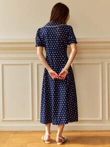 Écloséra 女款海軍藍波點1960年代復古優雅長洋裝，甜美蕾絲拼接彼得潘領鈕扣設計，夏季度假約會假期穿搭 - 藏蓝色 - 查看 7