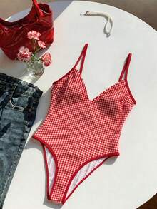 Traje de baño de una pieza con escote en V profundo y estampado aleatorio para mujer, primavera/verano - Multicolor - Ver 4