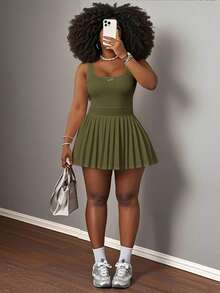 Slaydiva New Spring & Summer Casual Basic U-Neck Racerback Vest With Black Label & White Text, Pleated Skirt Shorts & Culottes, Knit Fabric Women Mini Dress - Army Green - View 1