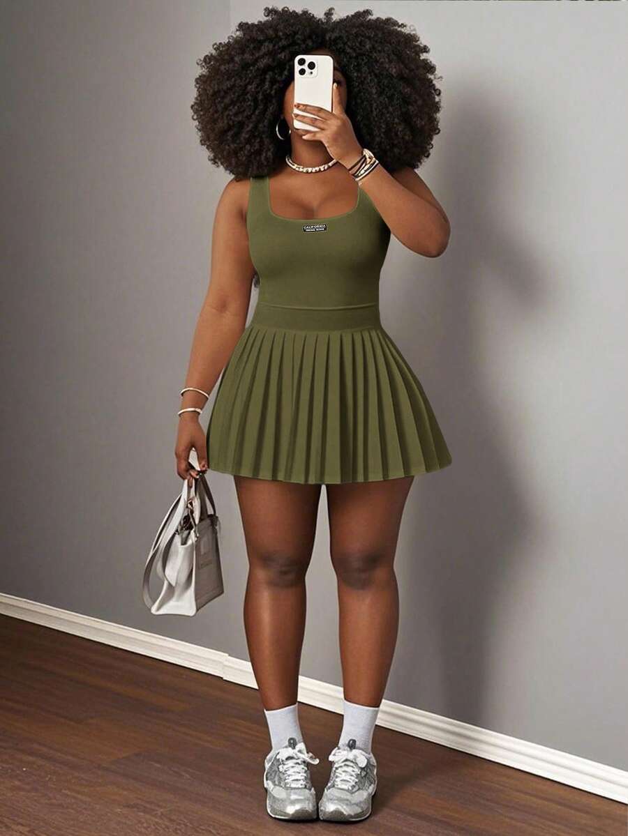 Slaydiva New Spring & Summer Casual Basic U-Neck Racerback Vest With Black Label & White Text, Pleated Skirt Shorts & Culottes, Knit Fabric Women Mini Dress - Army Green - View 1
