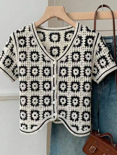 SHEIN EZwear Áo khoác cardigan nữ tay ngắn ren móc nhẹ, kiểu dáng thường ngày.
