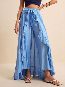 Women's Spring/Summer Vacation Blue 2 In 1 Ruffle Hem Culottes,  Prom Pants - Sky Blue - View 3