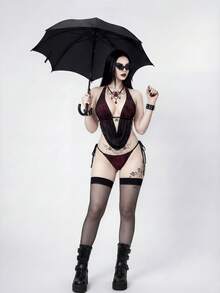 ROMWE Goth Bộ đồ bơi tankini gợi cảm buộc dây cổ, họa tiết mạng nhện, dành cho nữ, thích hợp mặc đi biển mùa hè. - Đỏ - Xem 4