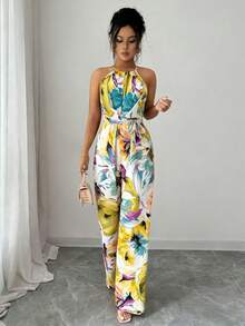 Elenzga Bộ jumpsuit nữ thanh lịch không tay, dây mảnh, xếp ly, thắt eo, họa tiết hoa. - Nhiều màu - Xem 5
