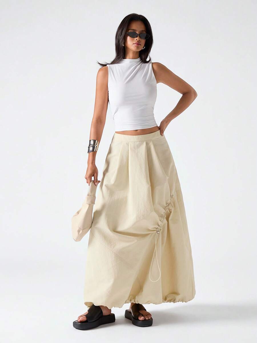 LYSMO 女士休闲纯色抽绳半身裙，夏季 - 米色 - 查看 1