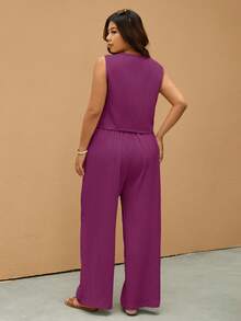 SHEIN Elaquor Plus Size Summer Casual Everyday Commute Solid Color Button Front Tank Top And Pants 2 Pieces Set - Purple - View 2