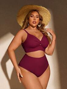 SHEIN Swim Curve 大码女式夏季沙滩纯色扭结设计时尚比基尼泳装套装 - 酒紅色 - 查看 5