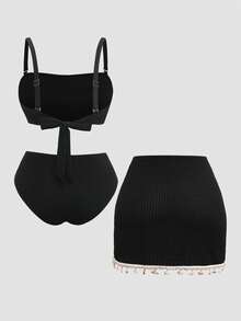 Swim Oasis 2026 Set Pakaian Renang Pantai/Resort 3 Potong Elegan Terbaru Warna Hitam Polos Tanpa Tali dengan Kain Gelembung Bertekstur, Ukuran Plus - Hitam - View 2