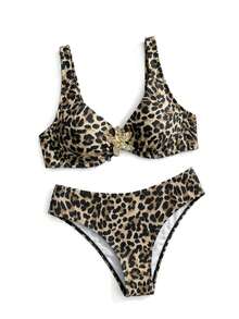 Sweetra Springbreak New Fashion Leopard Print Thick Strap Metal Decor Twist Back Tankini Swimsuit Set For Women - Multicolor - View 1